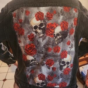 Women's Black Denim Jacket with Skull and Rose Design